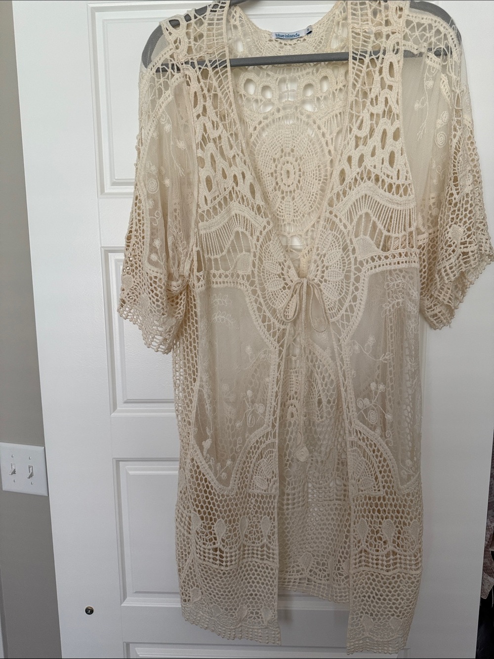 blue island Crochet Lace Kimono Coverup in Beige-Cream
